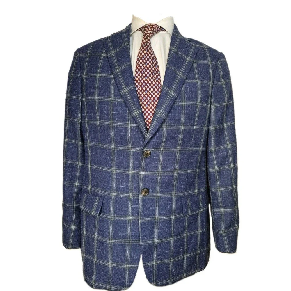 Jos A. Bank Sport Coat Men Sz 40R Navy Blue Plaid Wool Blend Tailored Fit Blazer
